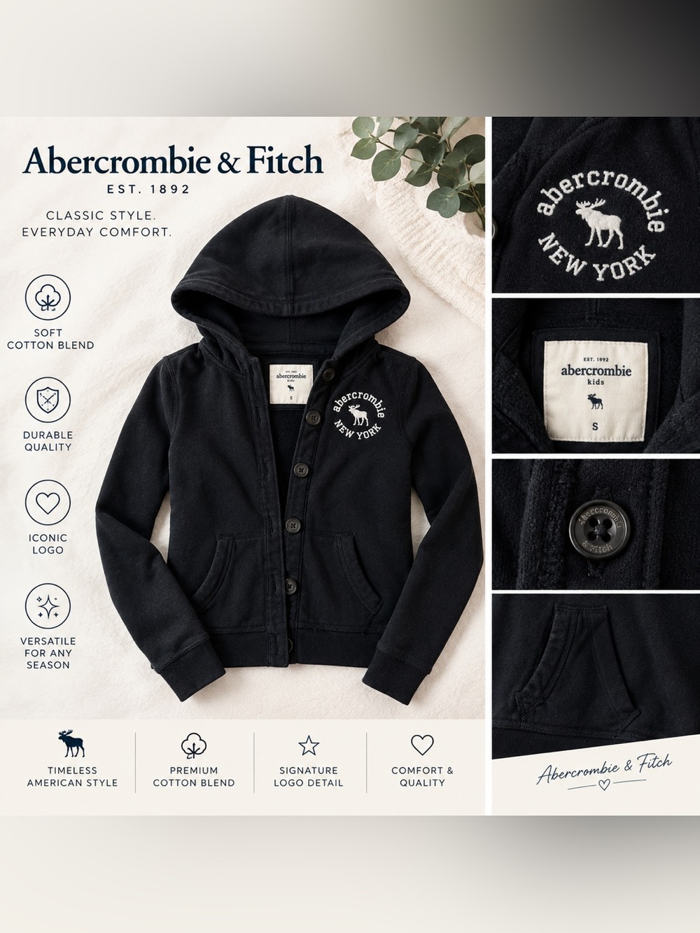 Abercrombie Kids Navy Hooded Button-Up Sweatshirt L size